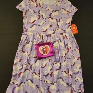 NWT Wonder Nation Casual Purple Unicorn Dress, Girls XL, Mini Purse, Key Chain